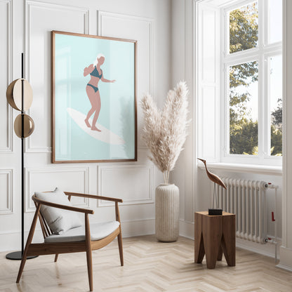 Premium Poster of Woman Surfing Light Blue Posters
