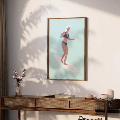 Premium Poster of Woman Surfing Light Blue Posters