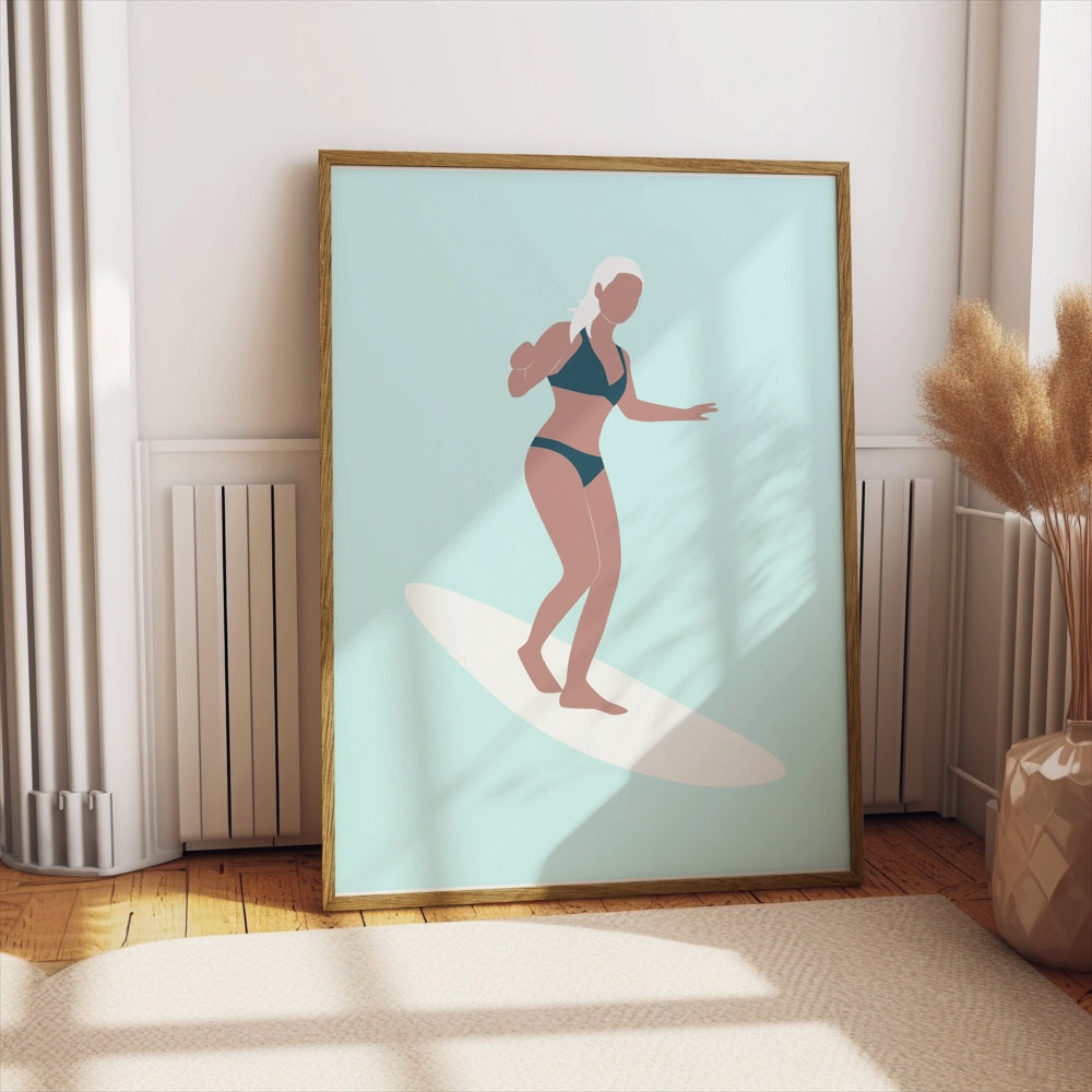 Premium Poster of Woman Surfing Light Blue Posters