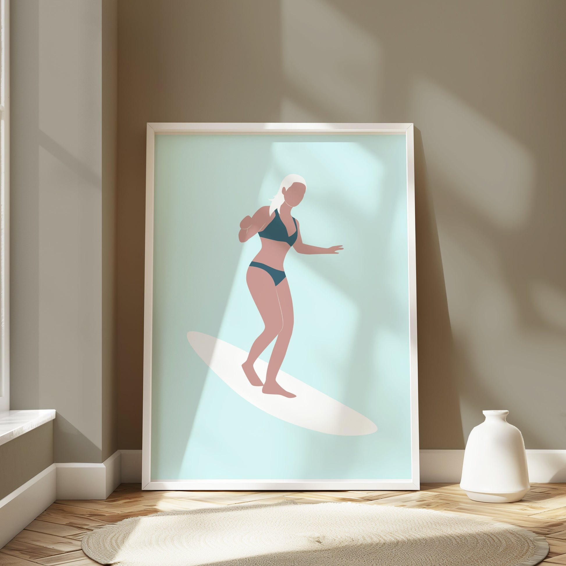 Premium Poster of Woman Surfing Light Blue Posters