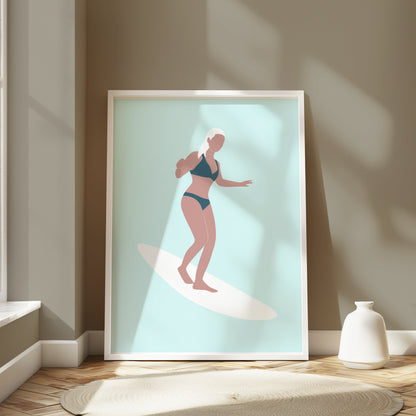 Premium Poster of Woman Surfing Light Blue Posters