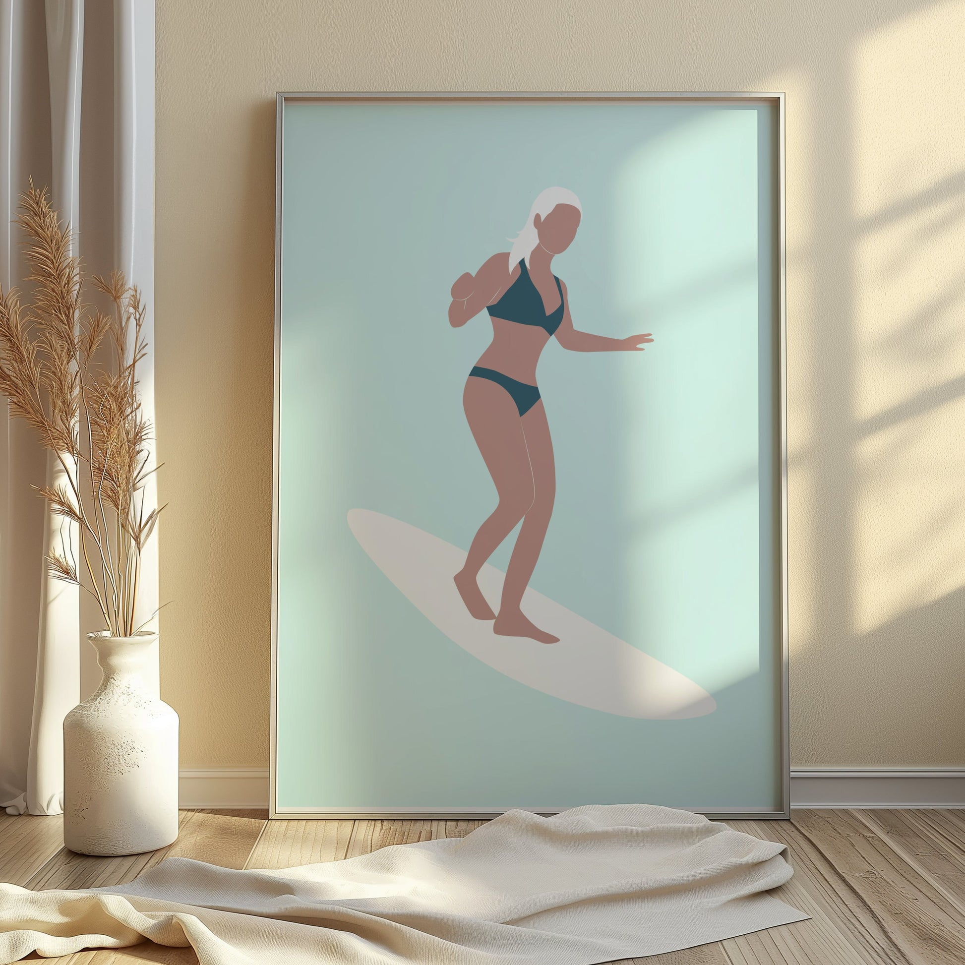 Premium Poster of Woman Surfing Light Blue Posters