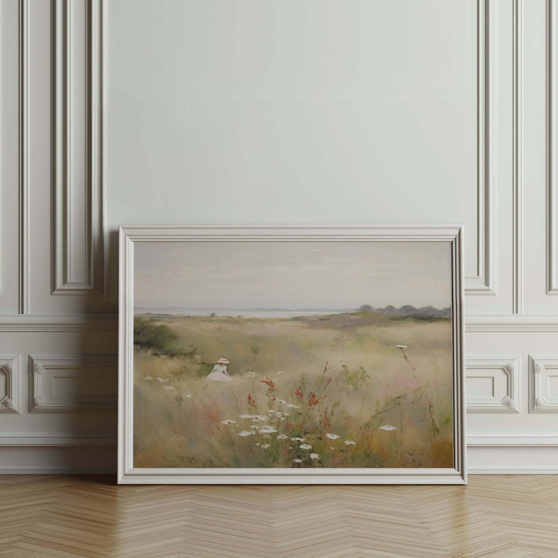 Premium Poster of Woman Walking Through Wildflower Field Art Posters