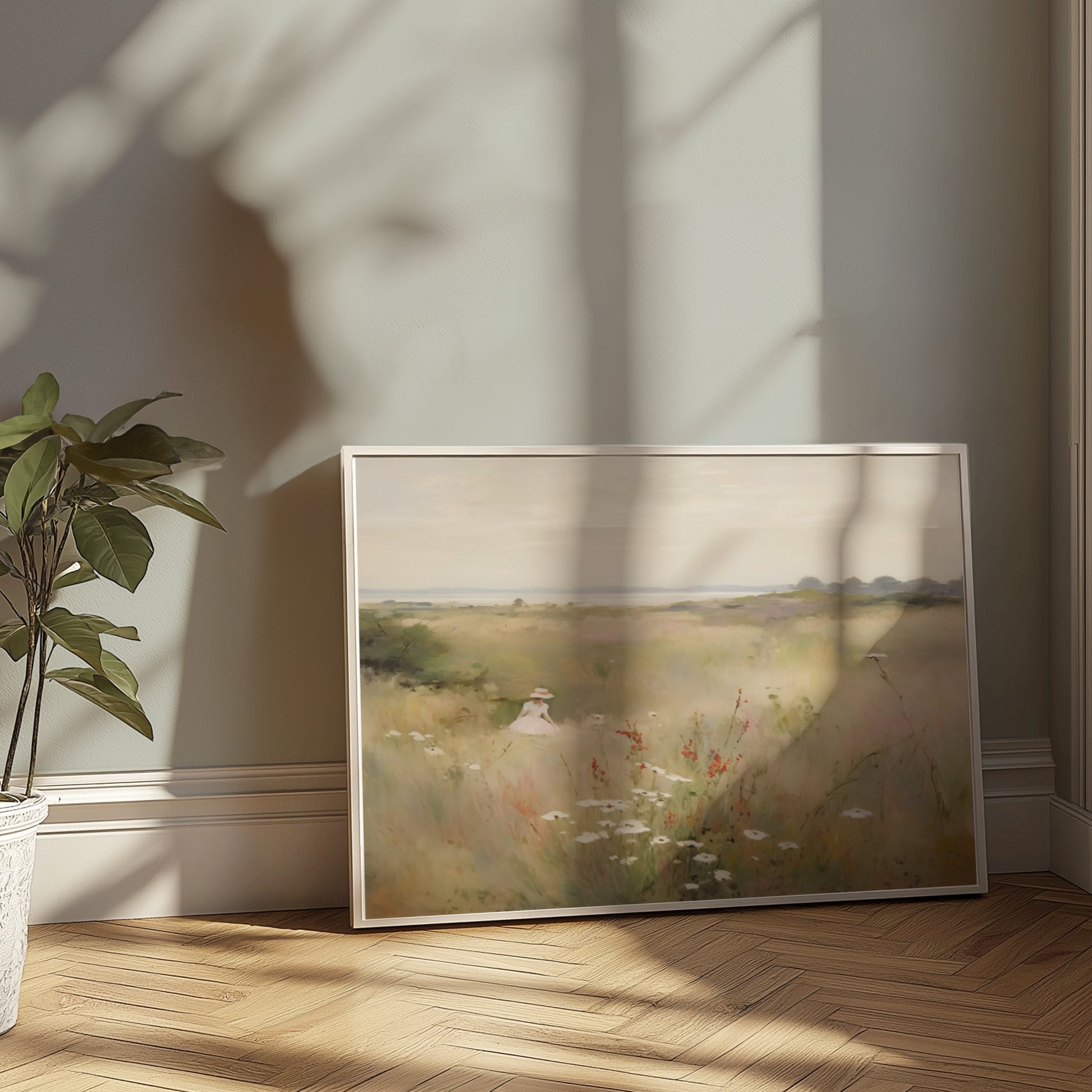 Premium Poster of Woman Walking Through Wildflower Field Art Posters