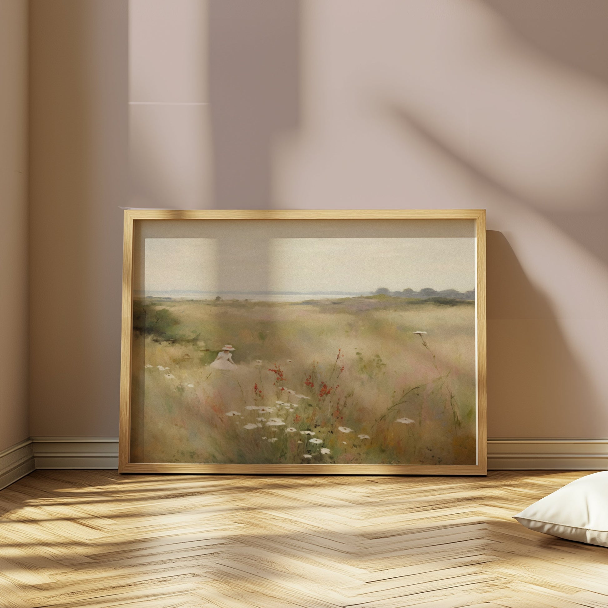 Premium Poster of Woman Walking Through Wildflower Field Art Posters
