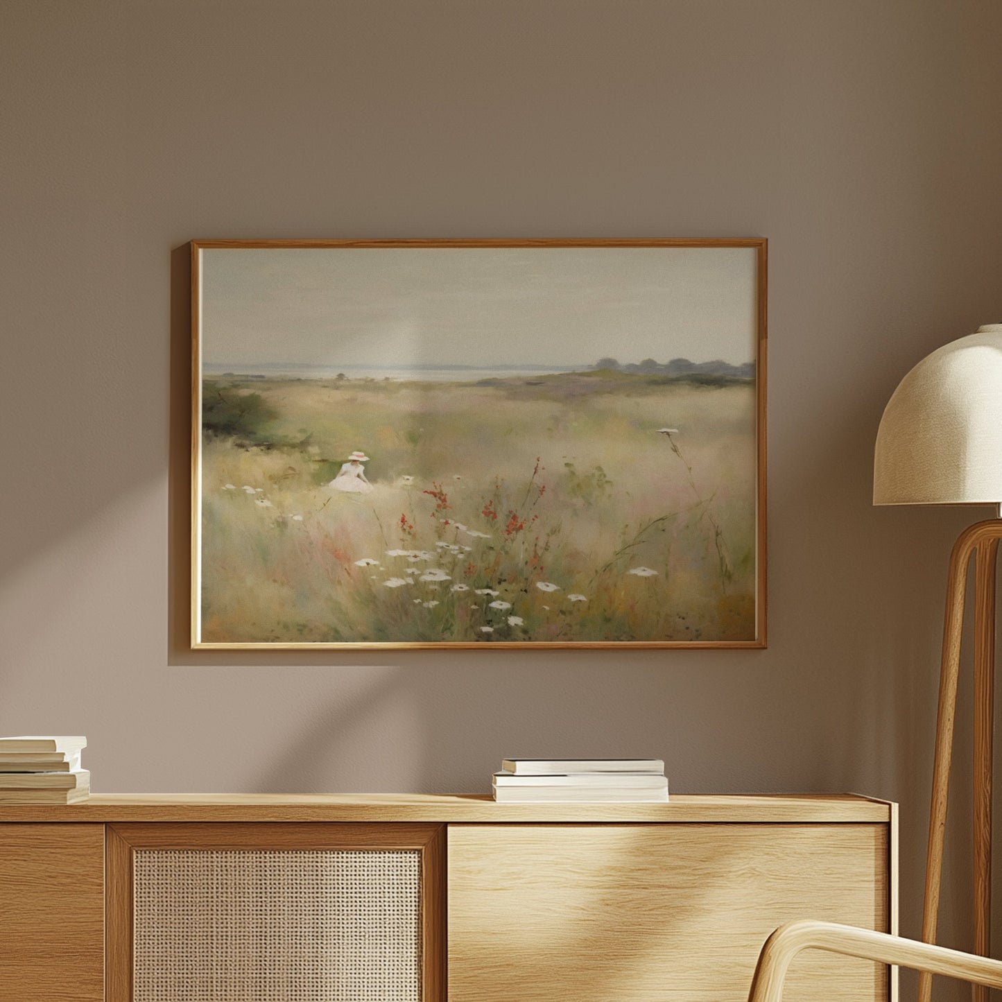 Premium Poster of Woman Walking Through Wildflower Field Art Posters