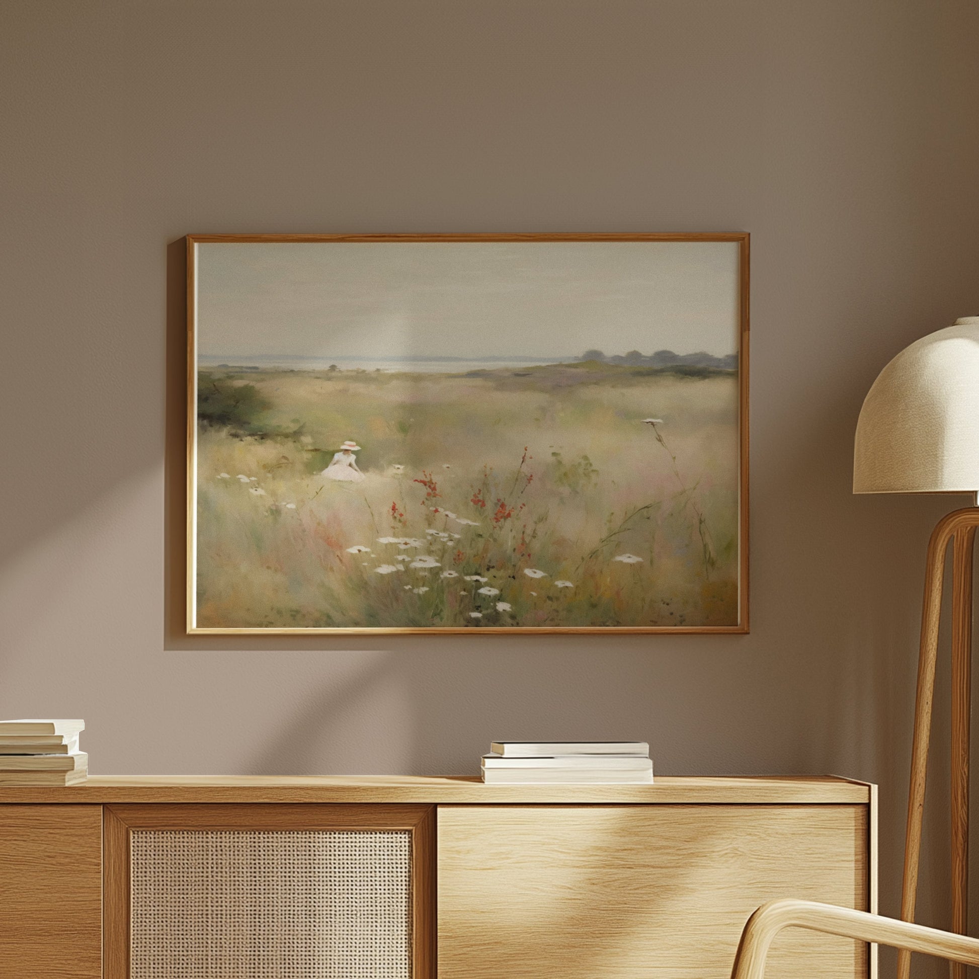 Premium Poster of Woman Walking Through Wildflower Field Art Posters