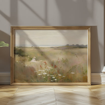Premium Poster of Woman Walking Through Wildflower Field Art Posters
