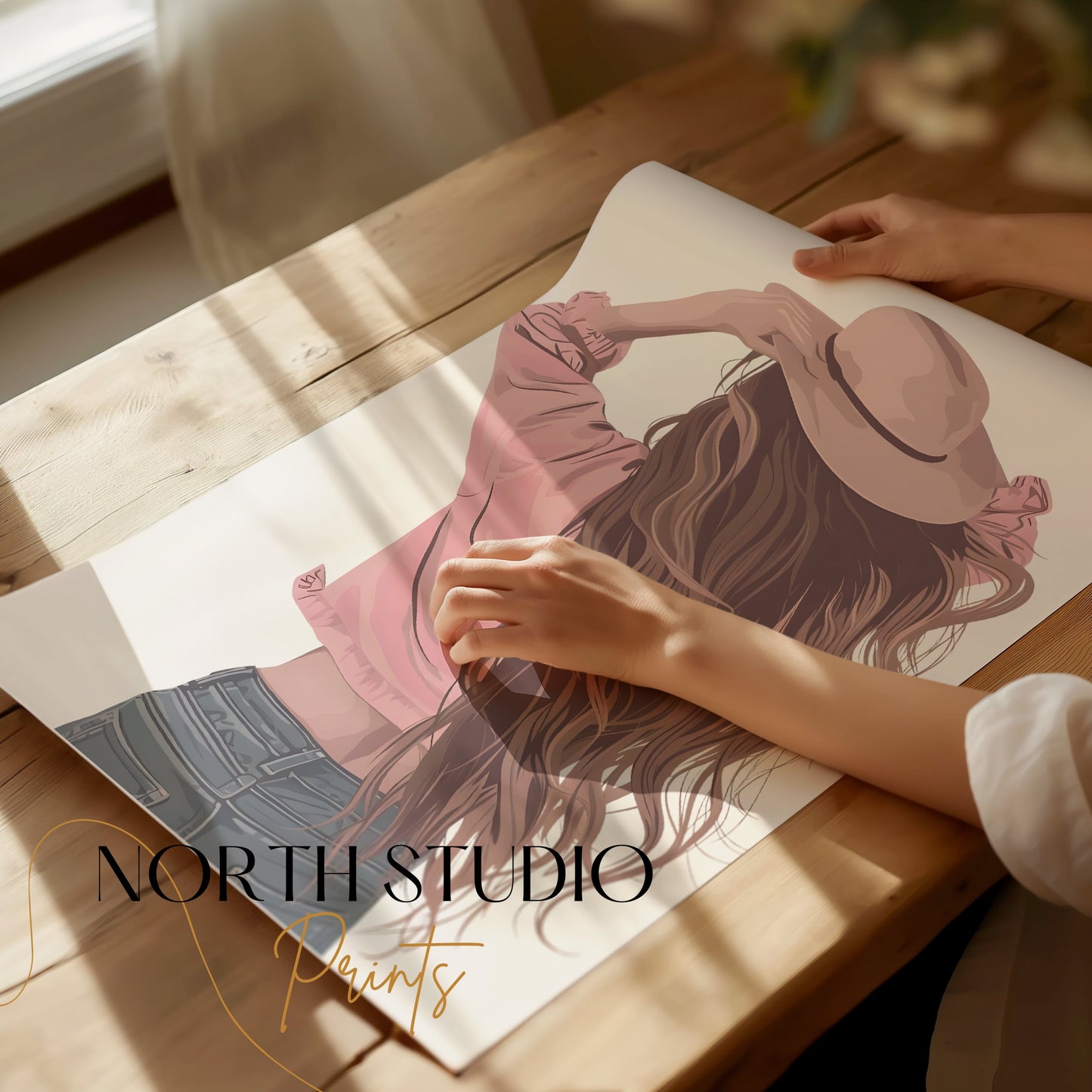 Premium Poster of Woman Wearing Hat with Long Flowing Hair Posters