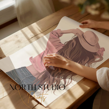Premium Poster of Woman Wearing Hat with Long Flowing Hair Posters