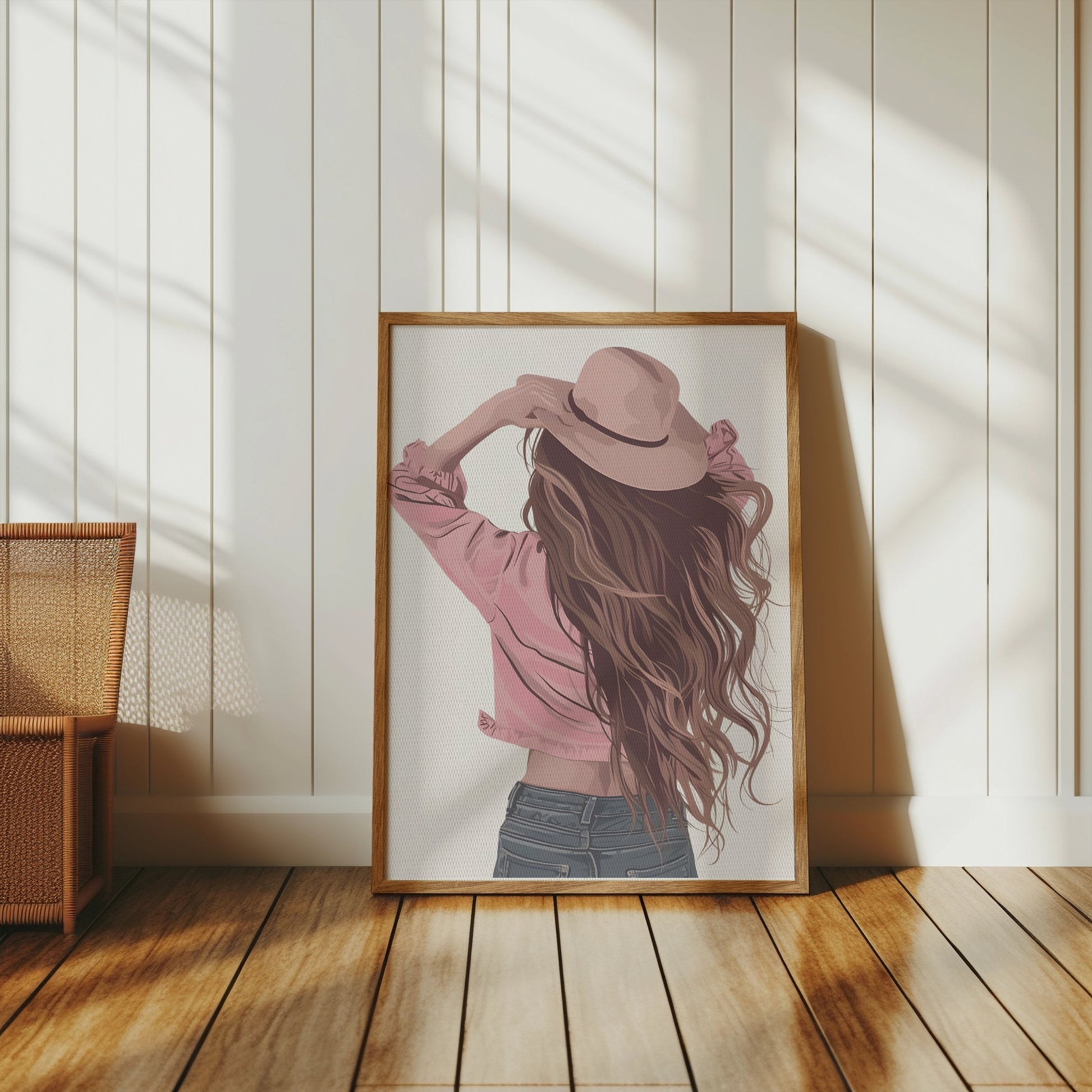 Premium Poster of Woman Wearing Hat with Long Flowing Hair Posters