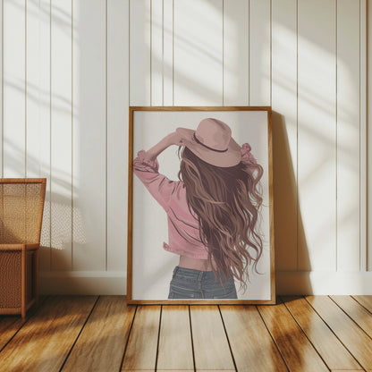 Premium Poster of Woman Wearing Hat with Long Flowing Hair Posters