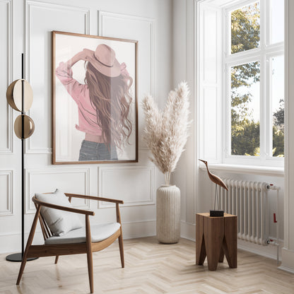 Premium Poster of Woman Wearing Hat with Long Flowing Hair Posters