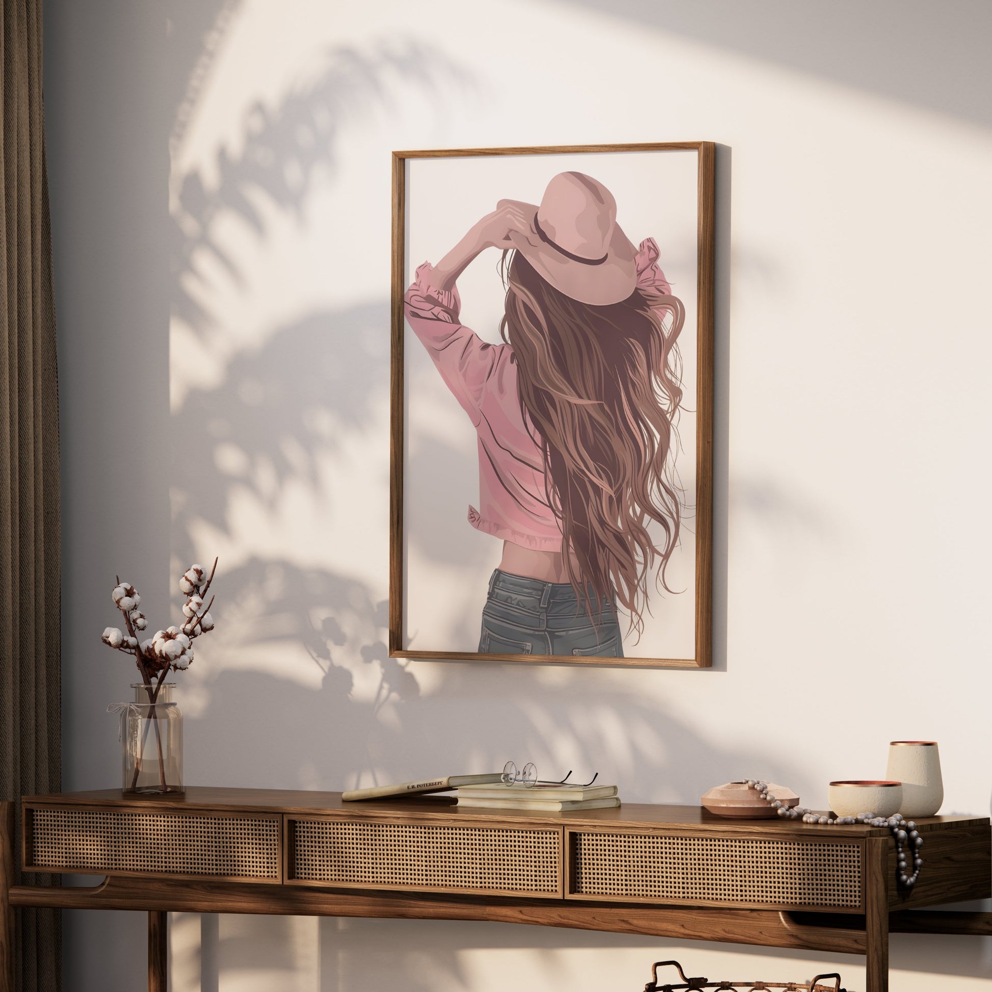Premium Poster of Woman Wearing Hat with Long Flowing Hair Posters