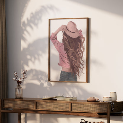 Premium Poster of Woman Wearing Hat with Long Flowing Hair Posters
