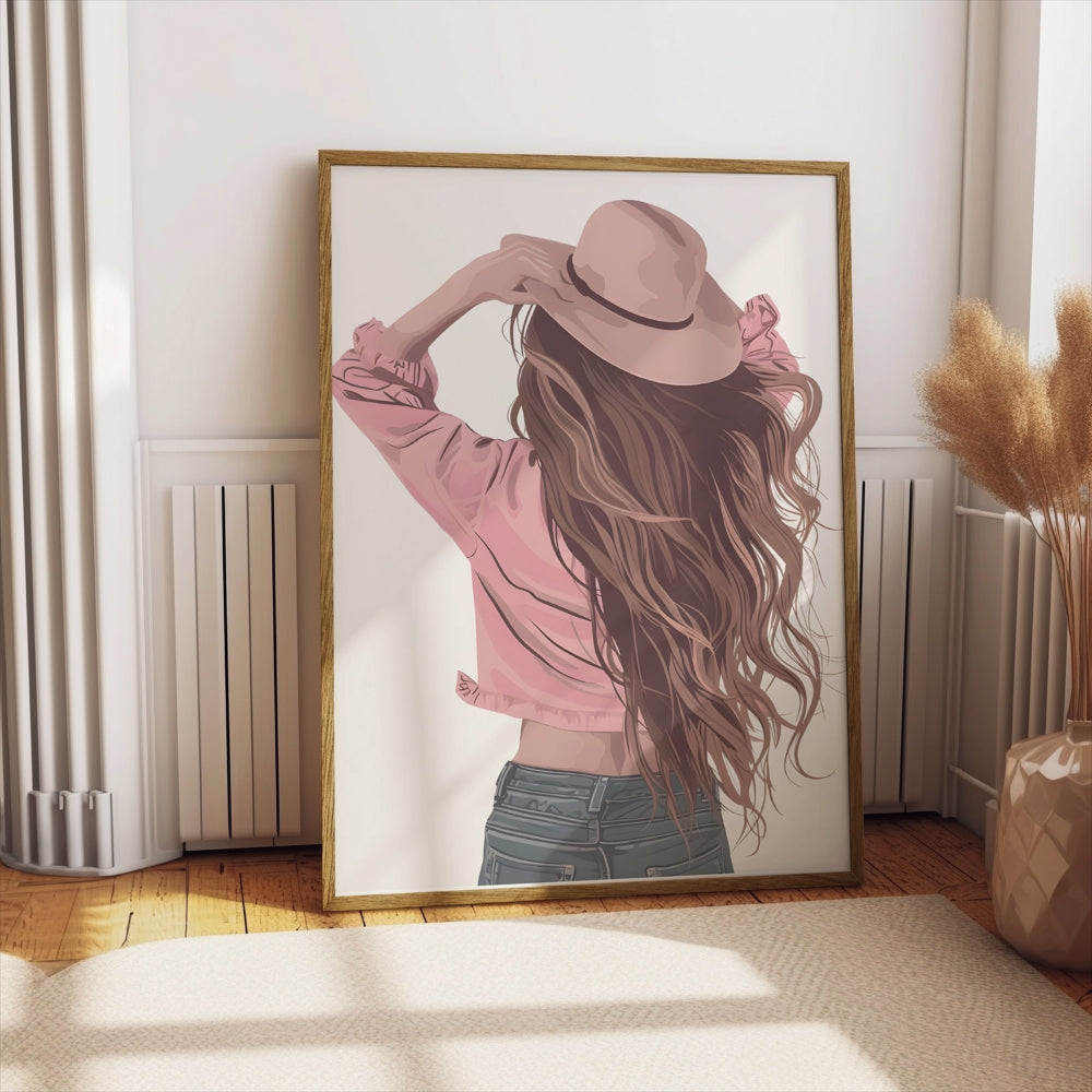 Premium Poster of Woman Wearing Hat with Long Flowing Hair Posters