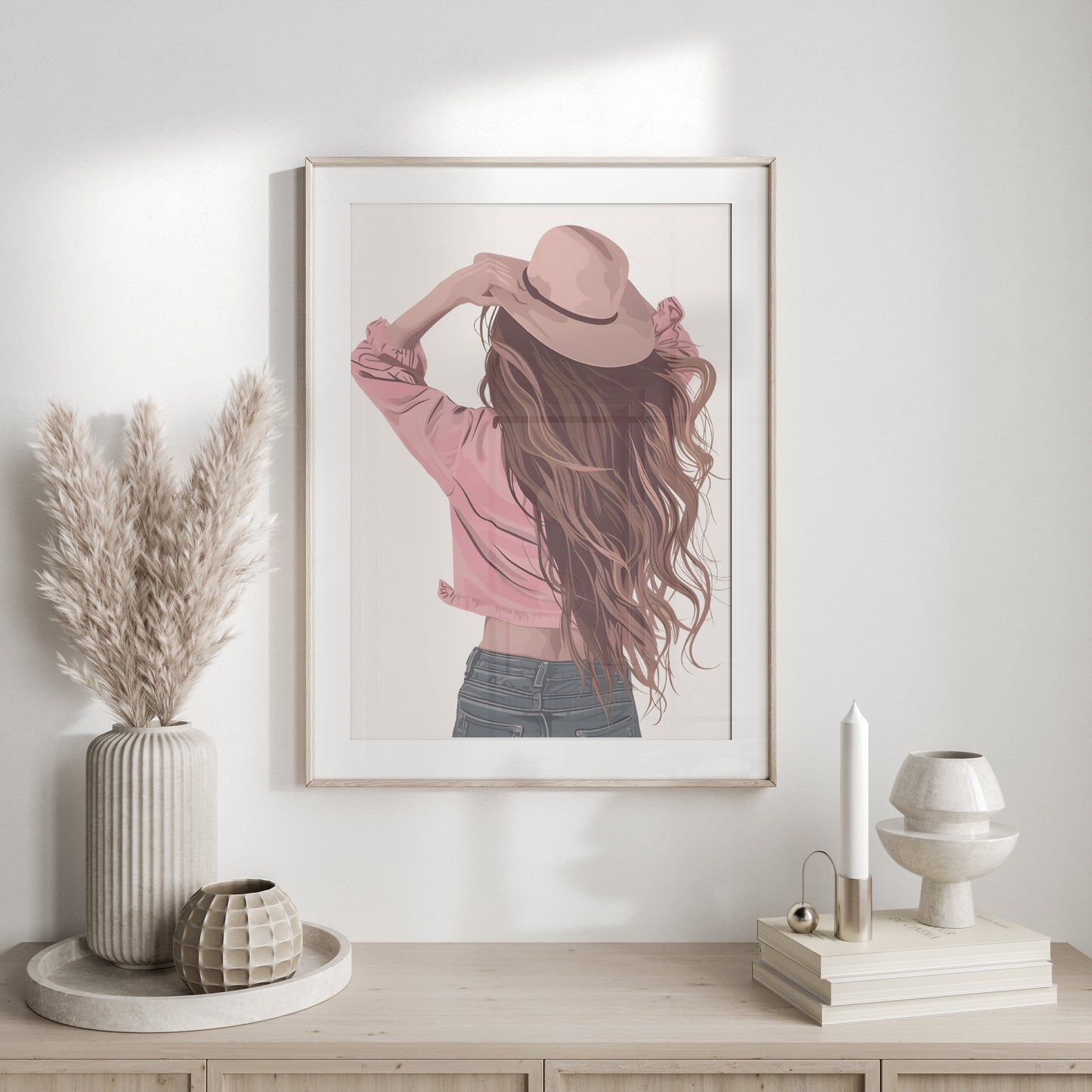 Premium Poster of Woman Wearing Hat with Long Flowing Hair Posters