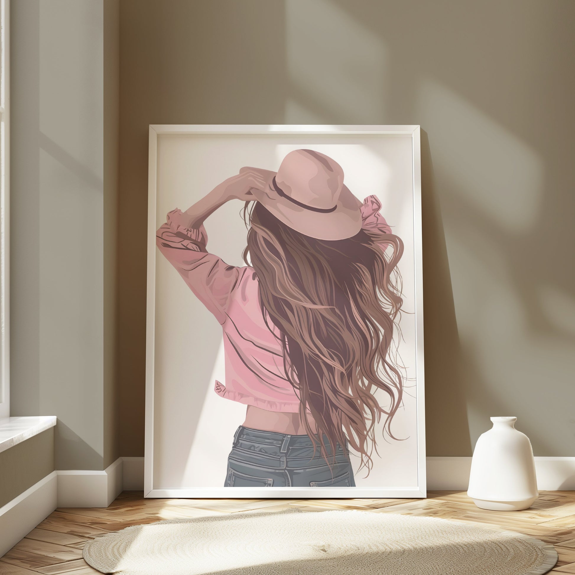 Premium Poster of Woman Wearing Hat with Long Flowing Hair Posters