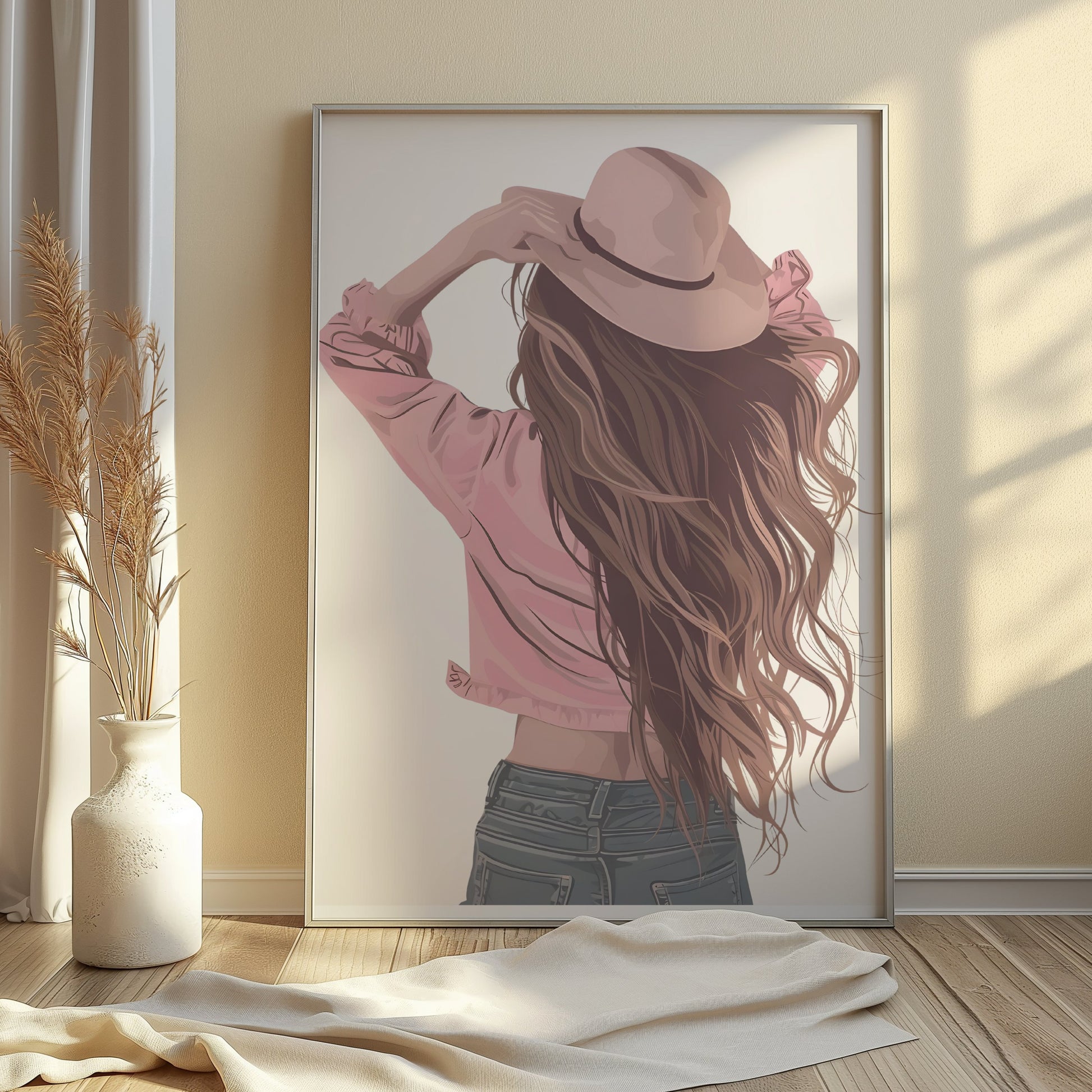 Premium Poster of Woman Wearing Hat with Long Flowing Hair Posters