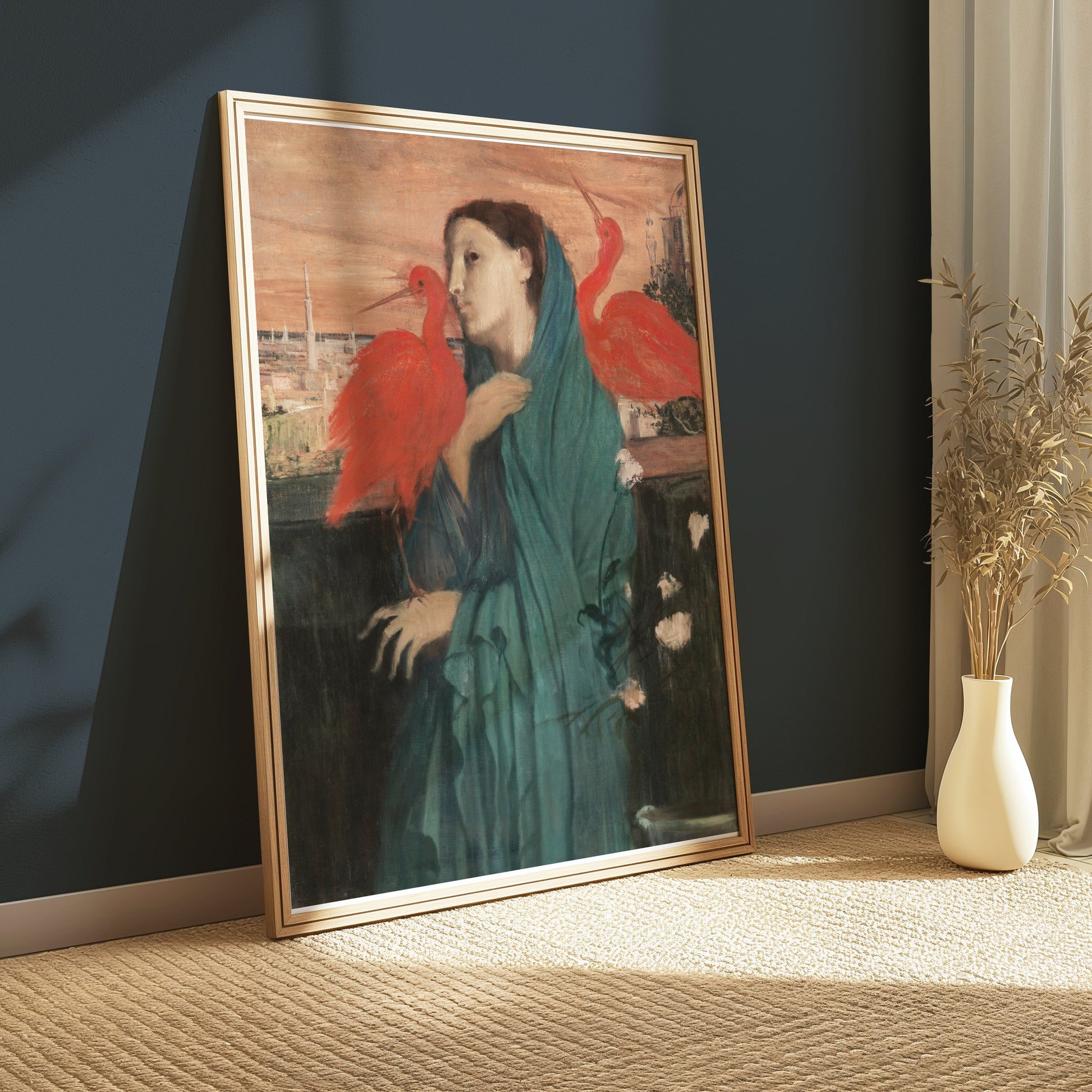 Premium Poster of Woman With Two Red Birds Art Print Posters