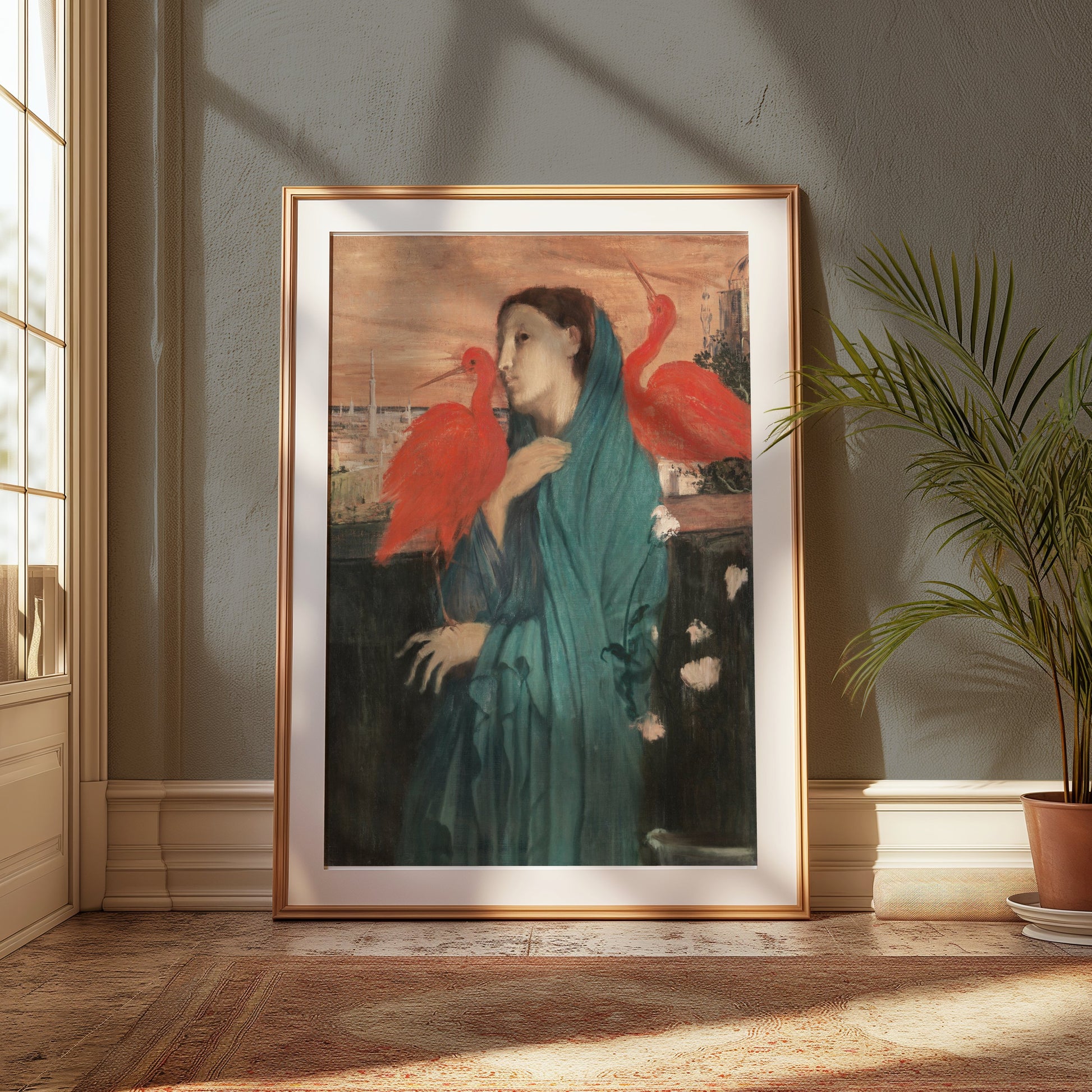 Premium Poster of Woman With Two Red Birds Art Print Posters