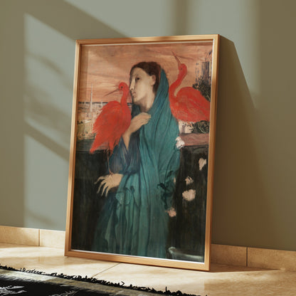 Premium Poster of Woman With Two Red Birds Art Print Posters