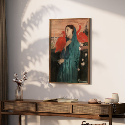 Premium Poster of Woman With Two Red Birds Art Print Posters