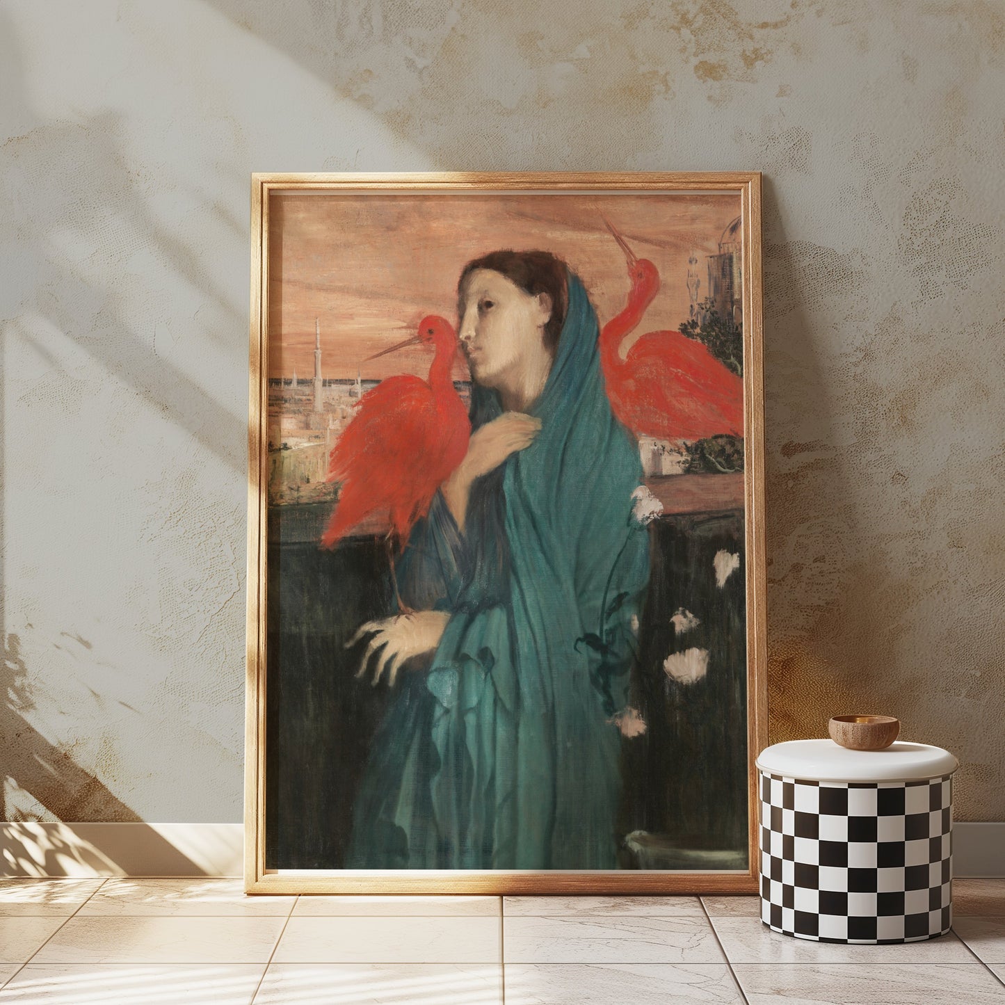 Premium Poster of Woman With Two Red Birds Art Print Posters
