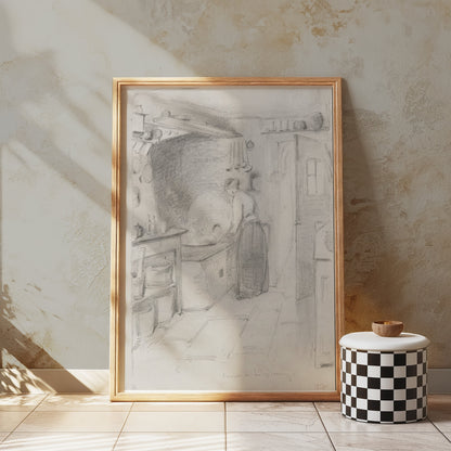 Premium Poster of Woman Working in Kitchen Sketch Art Wall Posters
