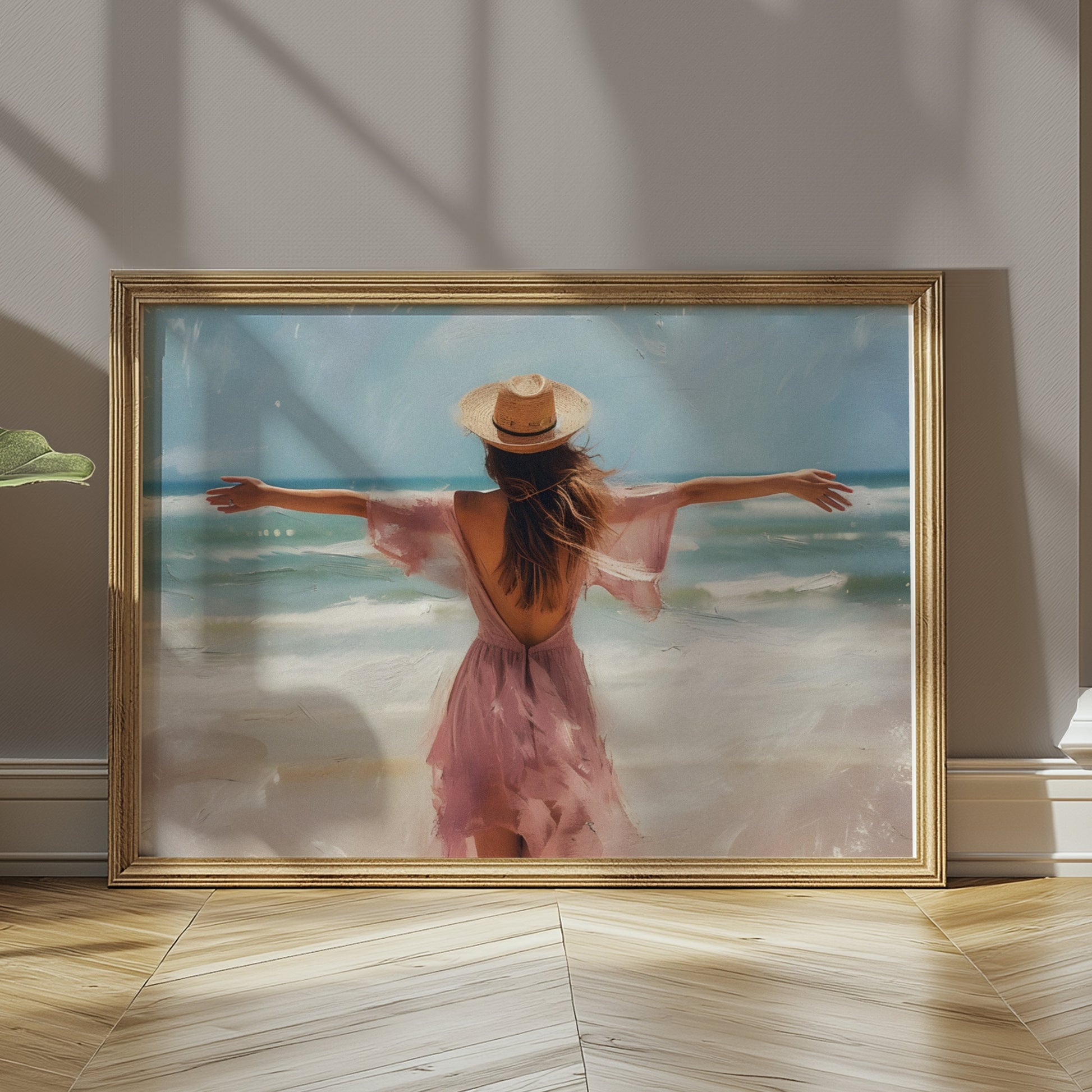 Premium Poster of Woman at Beach with Open Arms in Summer Vibes Posters