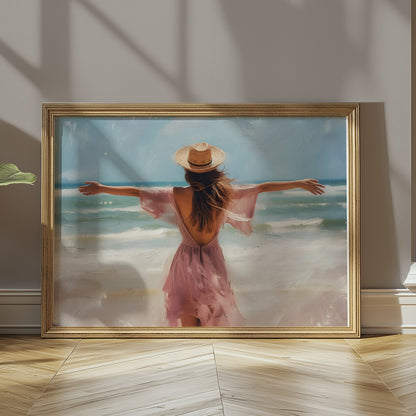 Premium Poster of Woman at Beach with Open Arms in Summer Vibes Posters