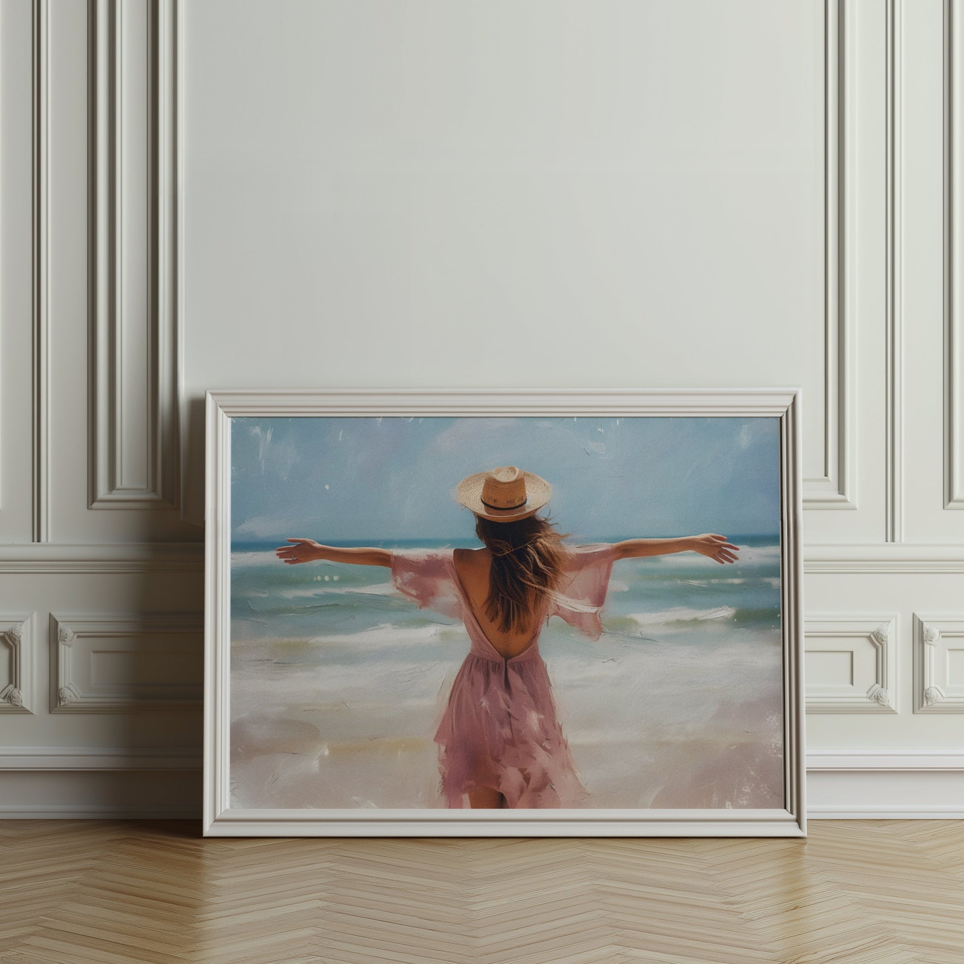 Premium Poster of Woman at Beach with Open Arms in Summer Vibes Posters