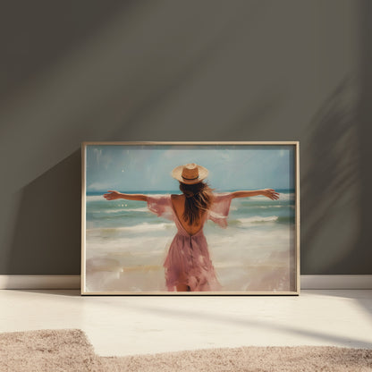 Premium Poster of Woman at Beach with Open Arms in Summer Vibes Posters