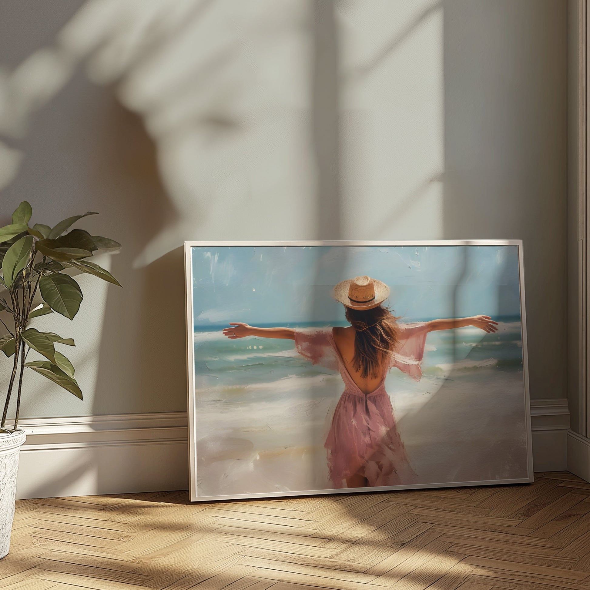 Premium Poster of Woman at Beach with Open Arms in Summer Vibes Posters