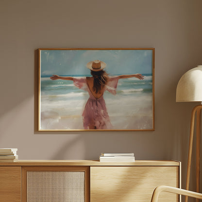 Premium Poster of Woman at Beach with Open Arms in Summer Vibes Posters