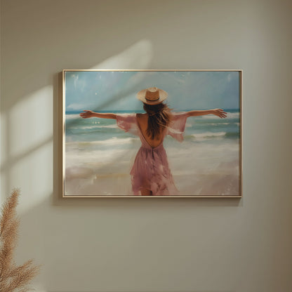 Premium Poster of Woman at Beach with Open Arms in Summer Vibes Posters