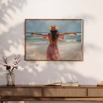 Premium Poster of Woman at Beach with Open Arms in Summer Vibes Posters