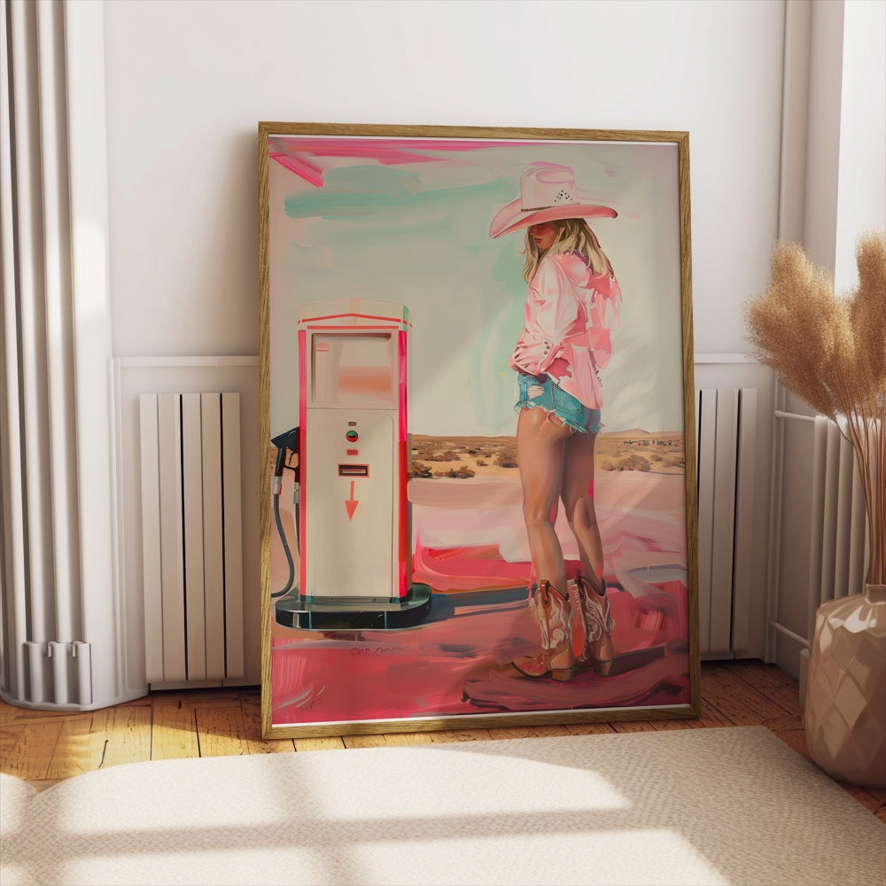 Premium Poster of Woman in Cowboy Hat and Boots Gas Station Posters