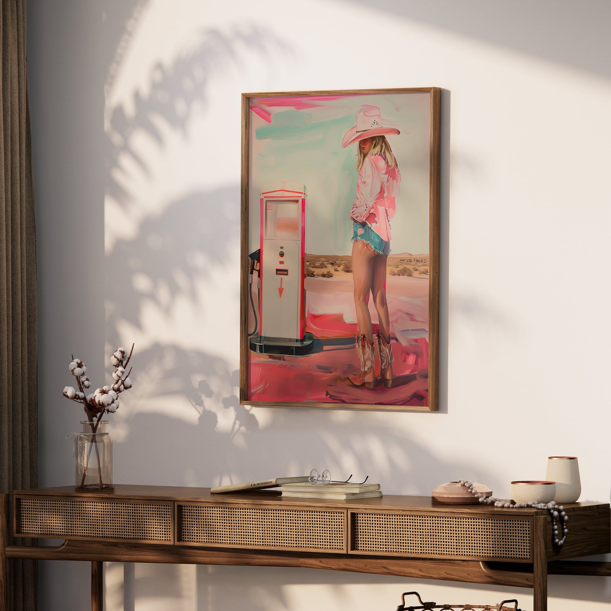 Premium Poster of Woman in Cowboy Hat and Boots Gas Station Posters