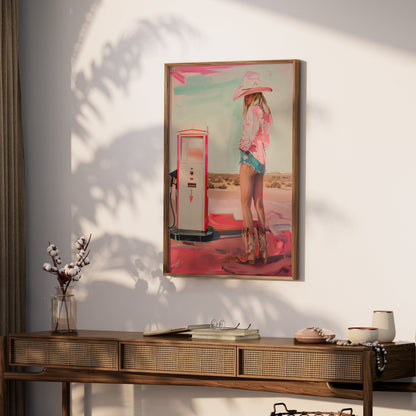 Premium Poster of Woman in Cowboy Hat and Boots Gas Station Posters