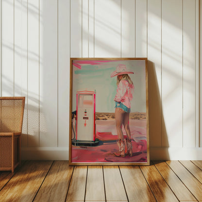 Premium Poster of Woman in Cowboy Hat and Boots Gas Station Posters