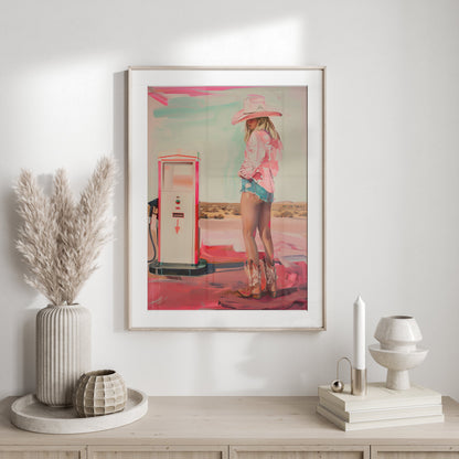 Premium Poster of Woman in Cowboy Hat and Boots Gas Station Posters