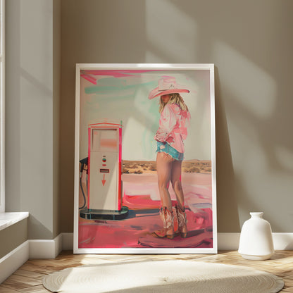 Premium Poster of Woman in Cowboy Hat and Boots Gas Station Posters
