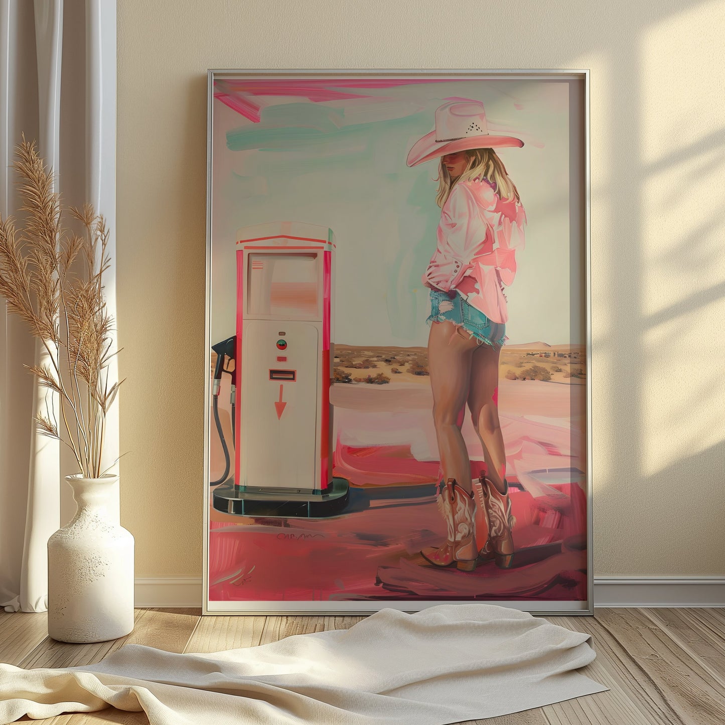 Premium Poster of Woman in Cowboy Hat and Boots Gas Station Posters