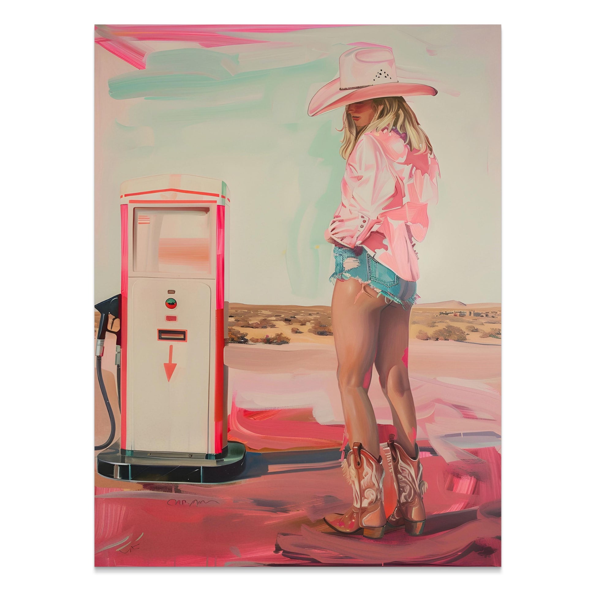 Premium Poster of Woman in Cowboy Hat and Boots Gas Station Posters