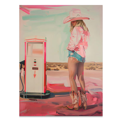 Premium Poster of Woman in Cowboy Hat and Boots Gas Station Posters