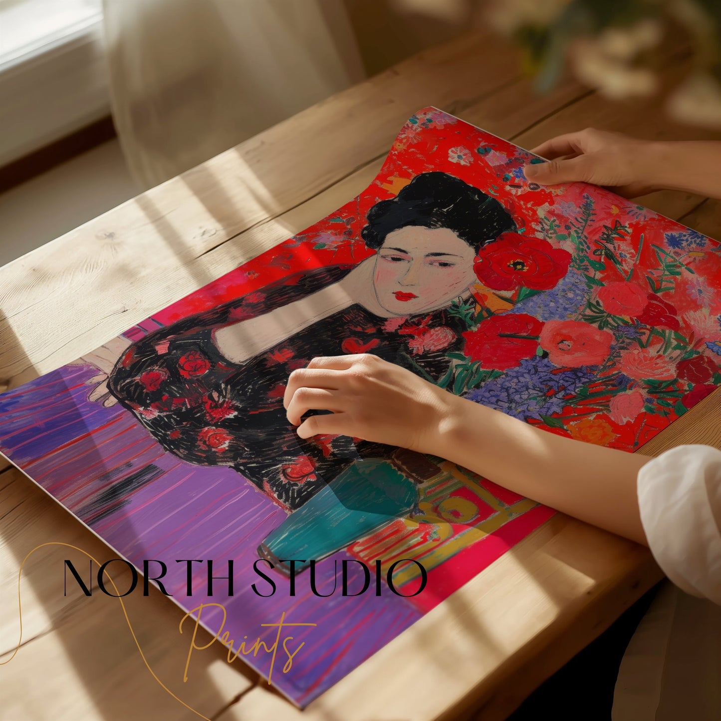 Premium Poster of Woman in Flowered Dress with Vase Artwork Posters