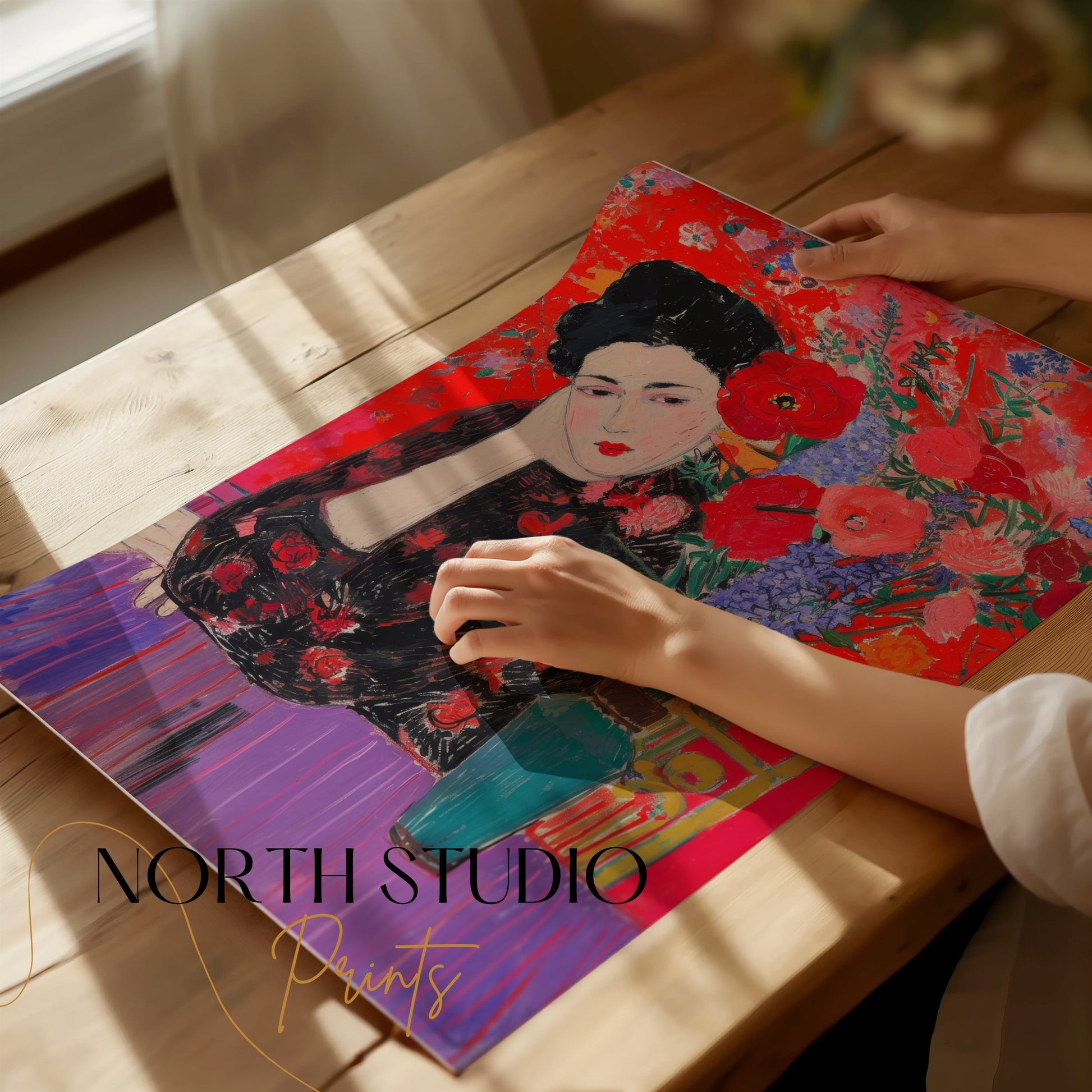 Premium Poster of Woman in Flowered Dress with Vase Artwork Posters