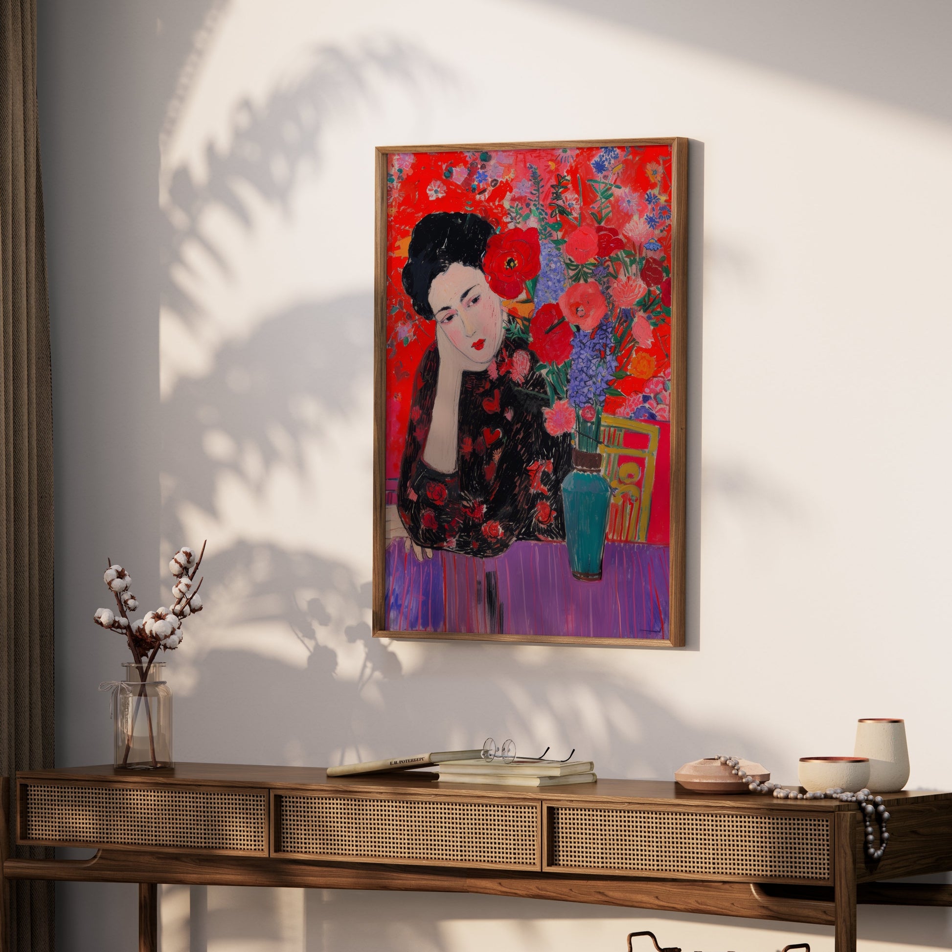 Premium Poster of Woman in Flowered Dress with Vase Artwork Posters