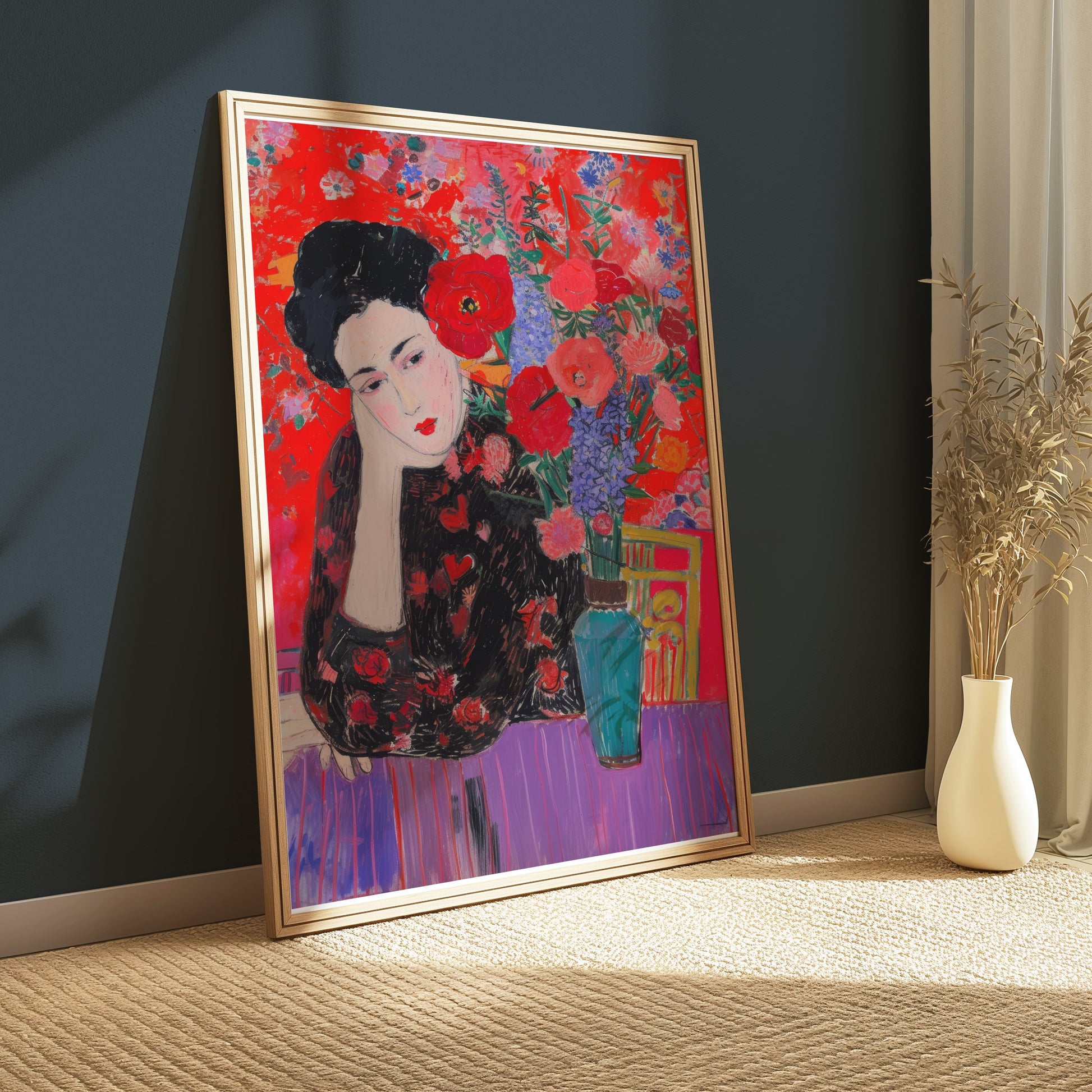 Premium Poster of Woman in Flowered Dress with Vase Artwork Posters